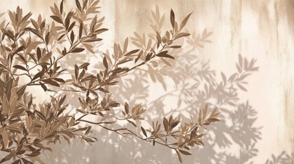 Soft shadows of olive leaves on a textured wall