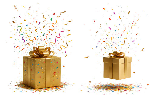 Two golden gifts with confetti explosion celebration surprise presents