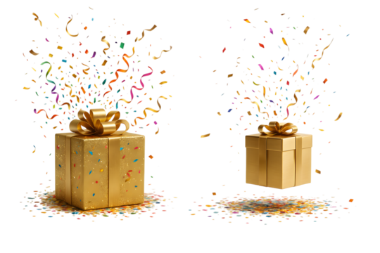 Two golden gifts with confetti explosion celebration surprise presents