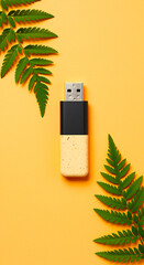 Modern usb flash drive with black and gold casing artfully arranged with vibrant green fern leaves on a warm yellow background