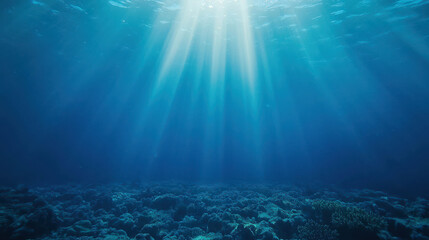 Fototapeta premium Serene Underwater Scene with Sunlight Rays Illuminating the Ocean Floor and Vibrant Coral Reef Life in a Clear Aquatic Environment