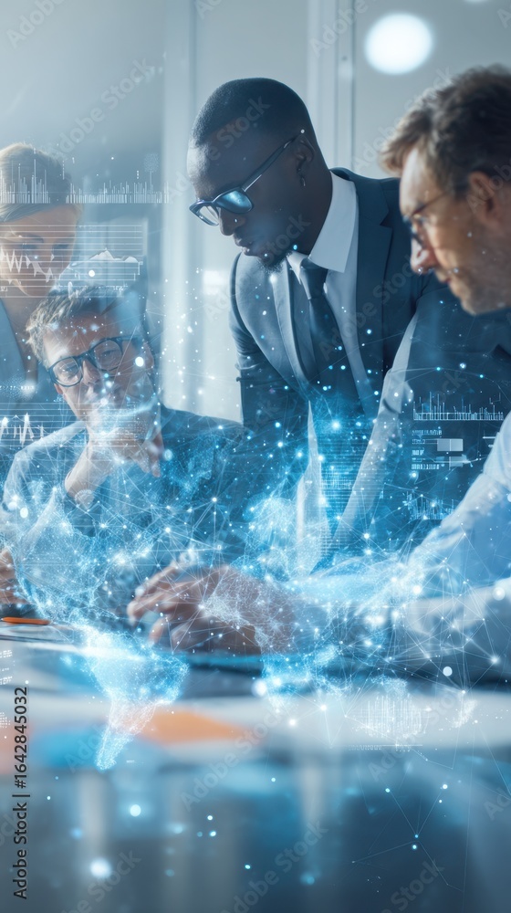 Poster corporate analytics team collaborating around a table with a business intelligence analyst explainin