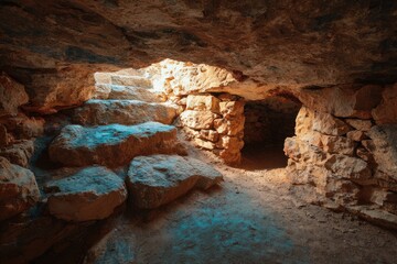 Sunlit ancient cave passageway