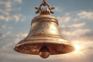 Antique brass bell against a sunset sky