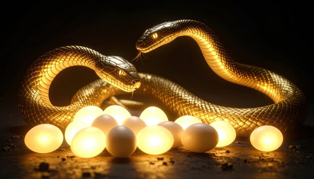 Golden Snakes with glowing eggs with fantasy, and dark background.