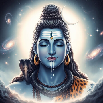 Cosmic portrait of a meditating Lord Shiva with nectar (Amrita) dripping from his mouth