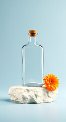 Obraz premium Minimalist studio shot of a clear glass bottle with a cork stopper on a textured stone pedestal next to a vibrant orange flower against a soft blue background