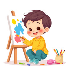 Happy Child Painting with Brush on Canvas Creative Art Project