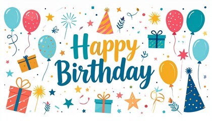 Bright and festive vector illustration with the prominent "Happy Birthday" greeting in the center, surrounded by celebration elements such as colorful balloons, gifts, party hats,,happy birthday party