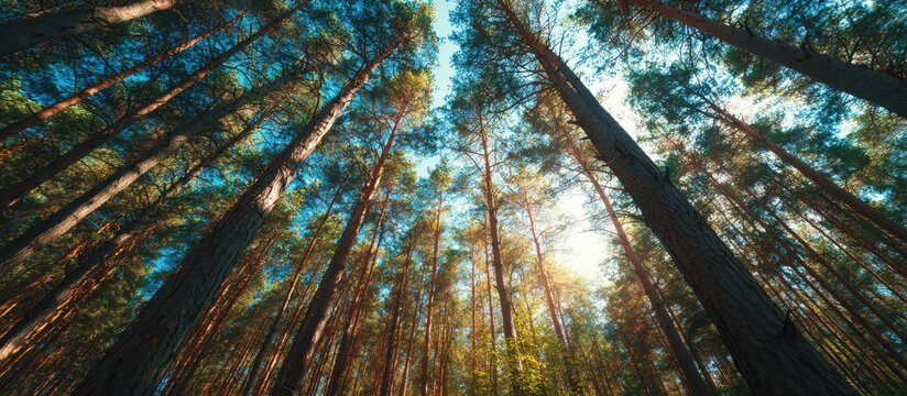 Sunlight filtering through tall pine trees
