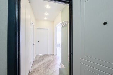 bright hallway features white doors and walls, contrasted by a dark door frame. Herringbone floors...