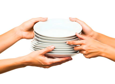 Two hands passing a stack of white plates isolated on transparent background