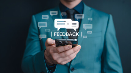 Man using smartphone to send customer feedback messages digitally