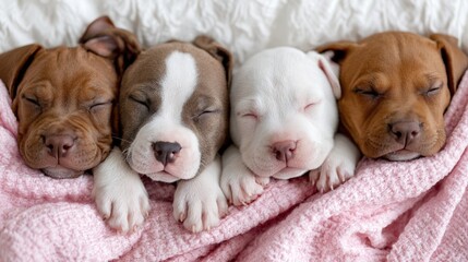 Dreaming Puppies in Sweet Slumber: A heartwarming capture of four adorable puppies sleeping peacefully, nestled together under a soft blanket, exuding tranquility and innocence.