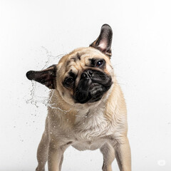 Obraz premium English bulldog shaking off water on white background
