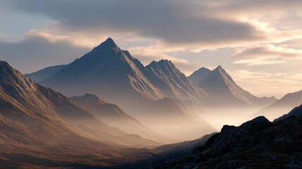 Mountain Majesty: A breathtaking vista of rugged mountains, shrouded in a mystical haze, bathed in the warm light of the setting sun, evoking a sense of serenity and adventure.