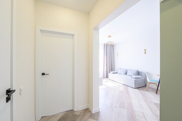 bright interior featuring a hallway with a white door, leading to a minimalist living space with a gray sofa