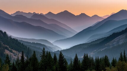 Naklejka premium Serene Mountain Landscape: A panoramic view of layered mountain ranges, fading into the misty distance, as the golden hour paints the sky with hues of orange and blue, a perfect image for wallpapers.