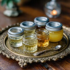 Honey tasting samples on ornate tray, indoor setting, candlelight background.  Food photography