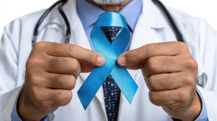 Health Professional's Ribbon: Close-up of a healthcare professional holding a blue ribbon, symbolizing awareness and support. This image focuses on a gesture of care and support.