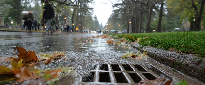 Rainwater flows through a city street gutter