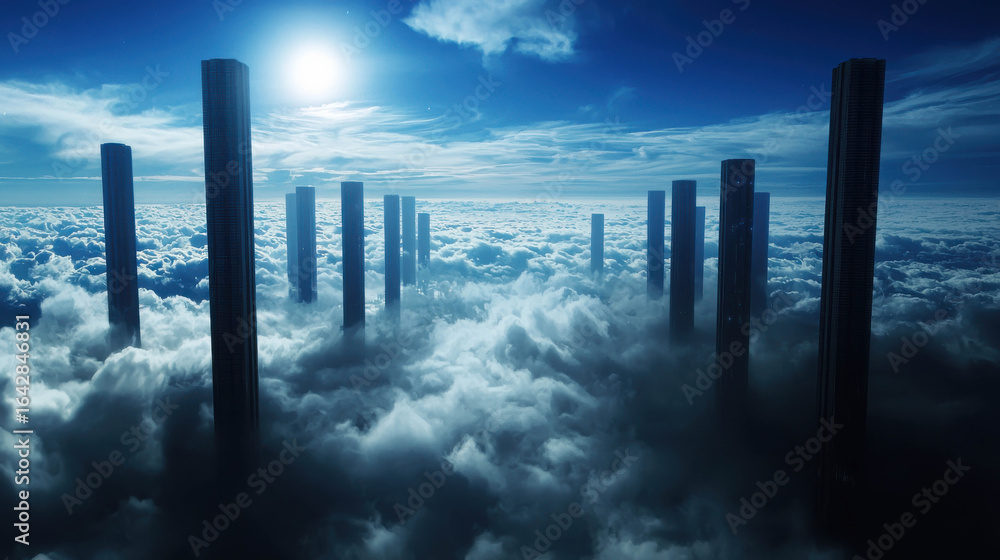 Poster surreal landscape with tall structures emerging from dense clouds under a bright blue sky and shimme