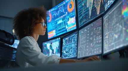 Behindthescenes view of an operations research analyst interpreting large datasets and refining predictive models in a futuristic analytics environment.