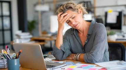 Businesswoman suffering forehead headache migraine menopause while working on laptop in office, touching her from with hand