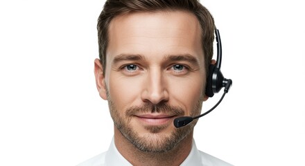 Smiling Man with Headset on White Background.
