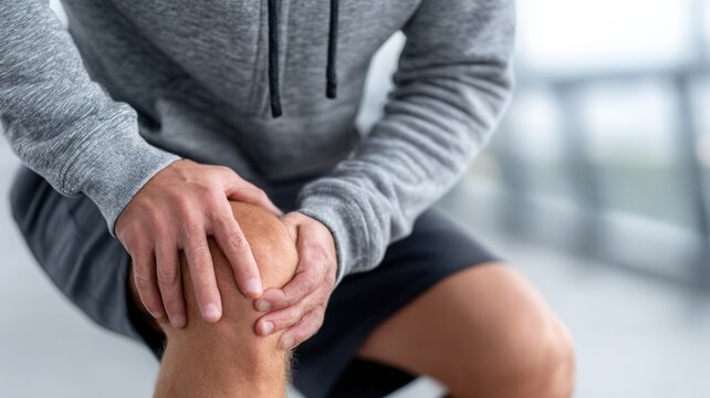 Male athlete grimacing, clutching revealing knee following strenuous workout, painful injury related sports vulnerability