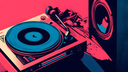 Retro turntable and speaker with vibrant neon colors, evoking vintage music nostalgia and modern style.