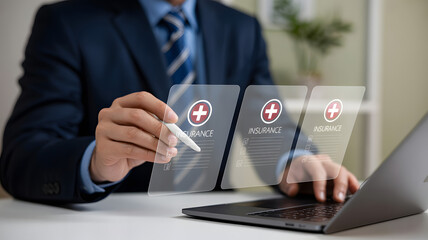 Man choosing health insurance options on futuristic digital interface