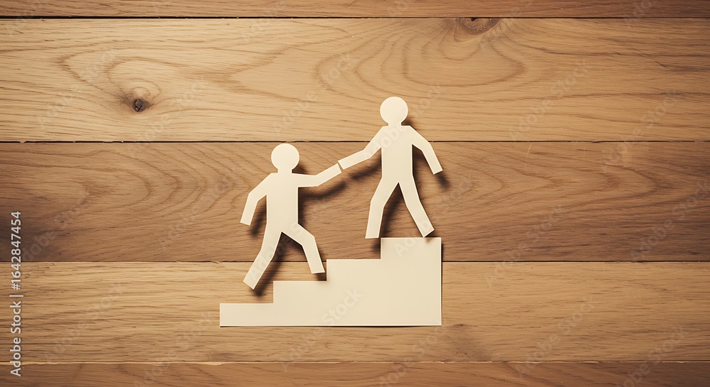 Poster two figures helping each other climb steps symbolizing support and teamwork