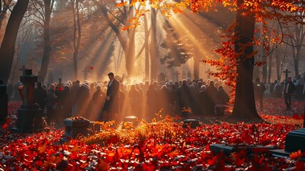 A solemn gathering of people at a funeral service in a cemetery during autumn, with sunlight filtering through trees