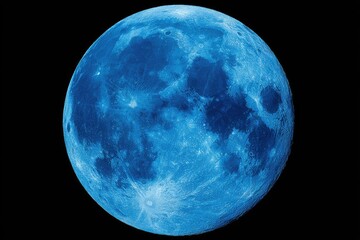 A vibrant, full, blue moon against a stark black backdrop.  The moon's surface displays varied shades of blue, highlighting its craters and texture