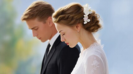 Newlyweds clasping hands, eyes closed, sharing intimate prayer moment during wedding ceremony