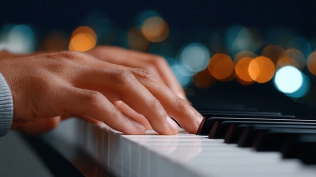 Close up of hands skillfully playing a keyboard, set against a blurred cityscape illuminated by vibrant night lights the during