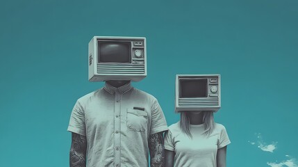 Two figures with television sets for heads against a teal backdrop.