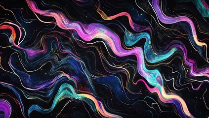 A dark background with colorful glowing waves of light, creating an abstract and futuristic pattern. The design is made up of swirling lines that appear to be digital or organic in nature