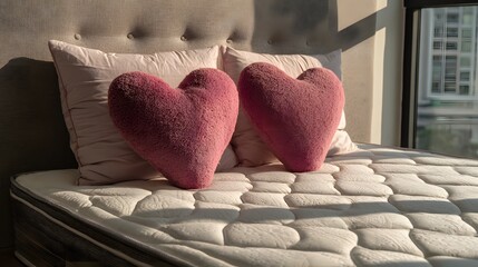 Two heart-shaped, pink plush pillows rest on a white mattress.