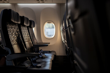 Empty Airplane Cabin With Leather Seats and Window Under Soft Cabin Light During Early Morning Flight