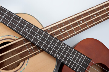 Four-string bass ukulele with wooden body and built-in tuner and pickup.