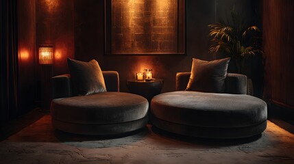 Two circular velvet lounge chairs in a dimly lit room.
