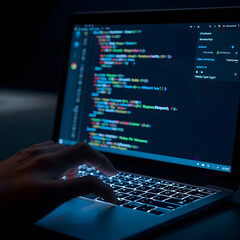 Generative AI in action. A hand types on a glowing laptop keyboard, and the screen displays a code that autonomously generates new content, ideas, or business strategies. Focus on the seamless fusion 