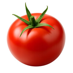 A single ripe red tomato on a black background showing its vibrant color and fresh green stem