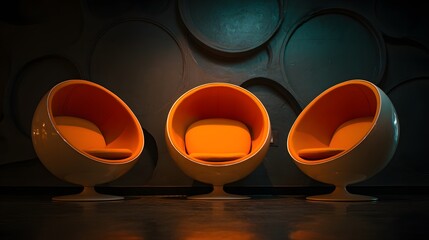 Three orange cushioned egg-shaped chairs against a dark wall.