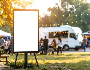 Blank signboard at outdoor event, blurred background of people and food trucks
