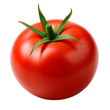 A single ripe red tomato on a black background showing its vibrant color and fresh green stem
