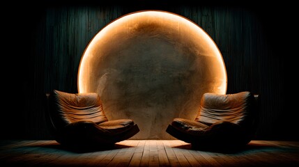 Dark room with illuminated circular wall and comfortable armchair.