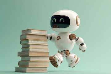Smiling robot carrying stack of books, representing knowledge and learning concept